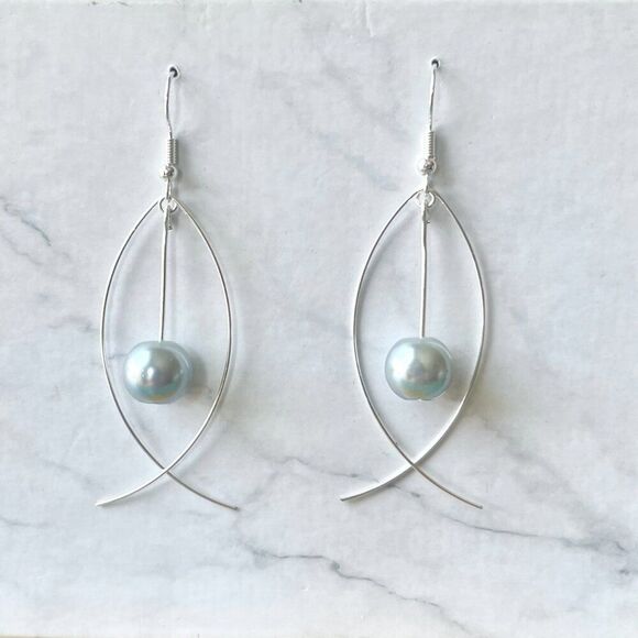 Silver Fish Earrings with Hanging Icy Blue Faux Pearl Bead - Picture 1 of 3